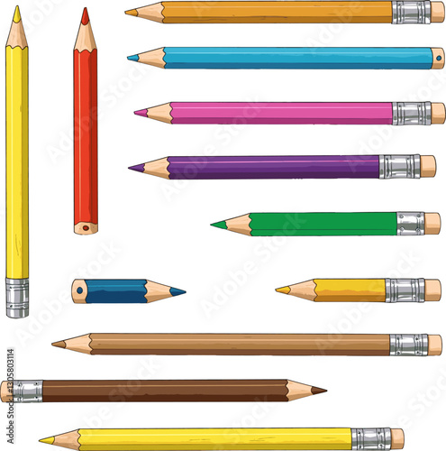 A set of vibrant colored pencils in different lengths and designs, arranged on a black background. Ideal for art, school, or creativity themes.
