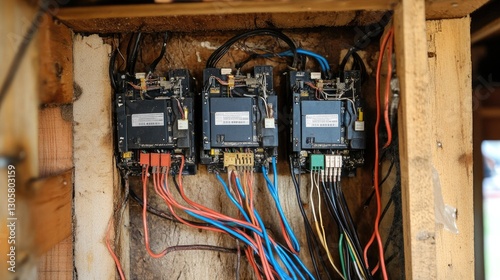 Construction site electrical installation featuring exposed wiring and temporary power connections.
