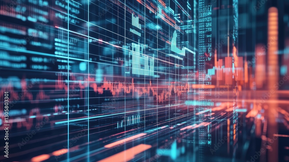 Fototapeta premium Corporate business success symbolized by futuristic AI-driven financial growth analysis and bar graphs.
