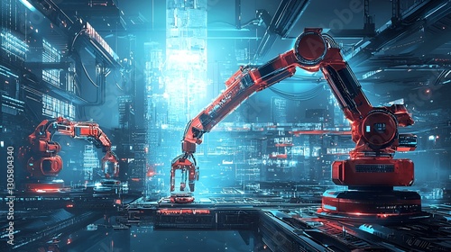 Futuristic robots working in a high-tech factory, assembling something photo