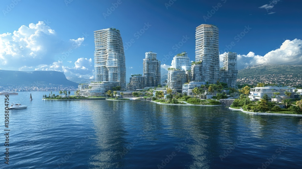 Obraz premium Eco-friendly future concept with net-zero city infrastructure, clean energy sources, and advanced sustainability solutions.