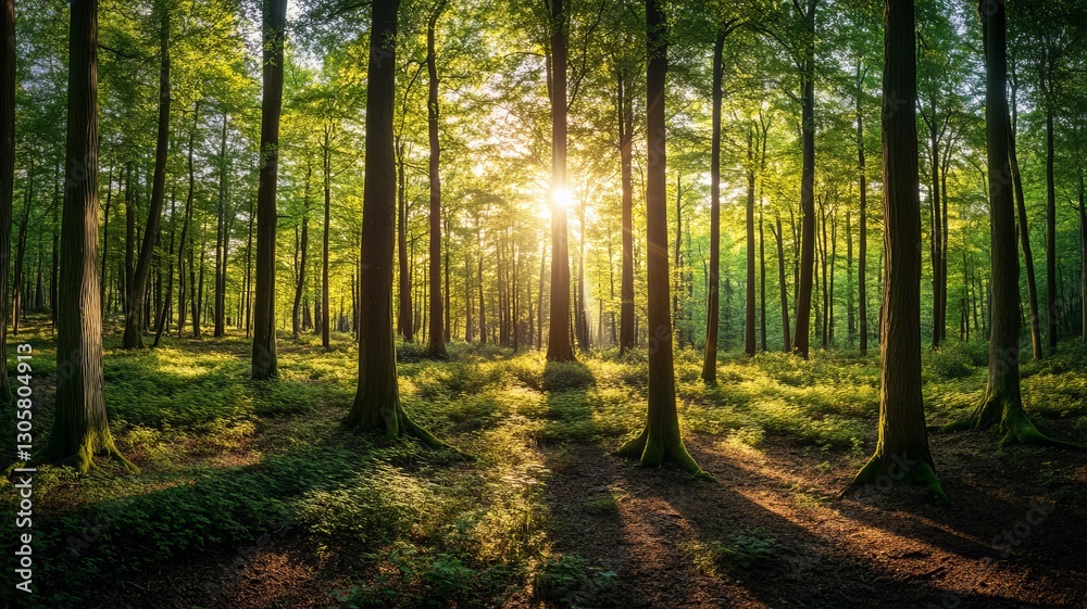 peaceful green forest with sunlight shining through leaves, casting shadows on the ground peaceful green forest with sunlight shining through leaves, casting shadows on the ground
