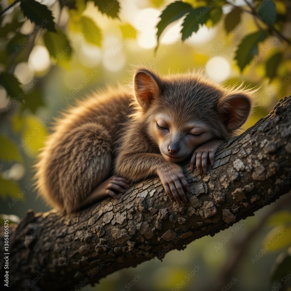Fototapeta premium Adorable Baby Bushbaby Sleeping on Tree Branch in Sunlight Wildlife Nature Scene