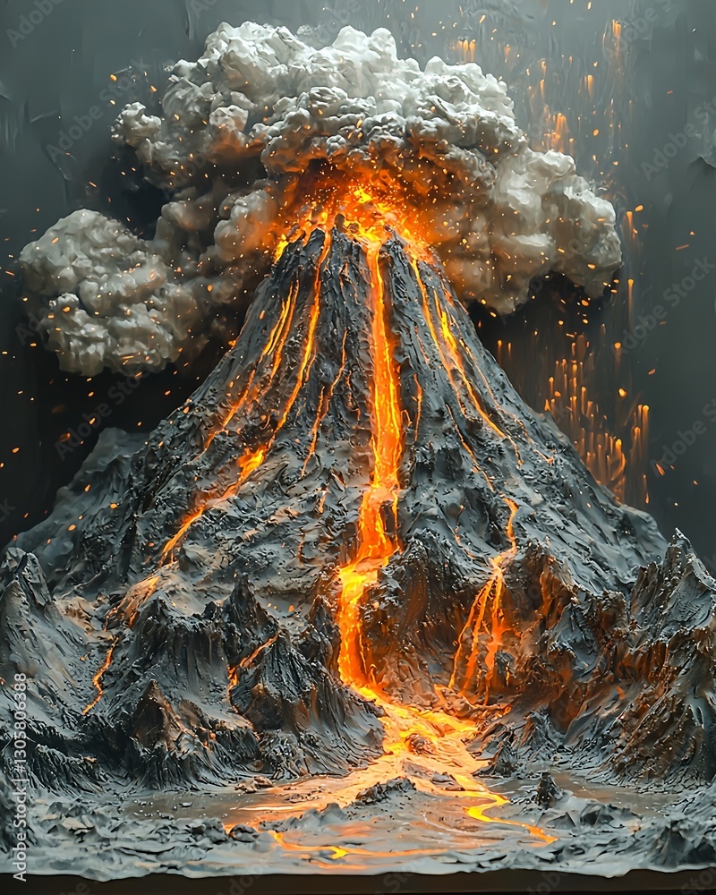 Naklejka premium A diorama depicting a volcanic eruption with smoke and lava flowing