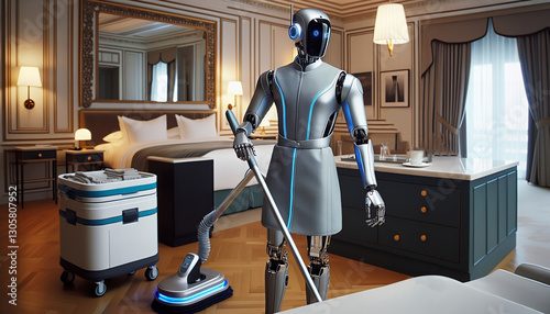 Cutting-edge technology meets elegance as a futuristic robot diligently cleans a modern hotel suite.
