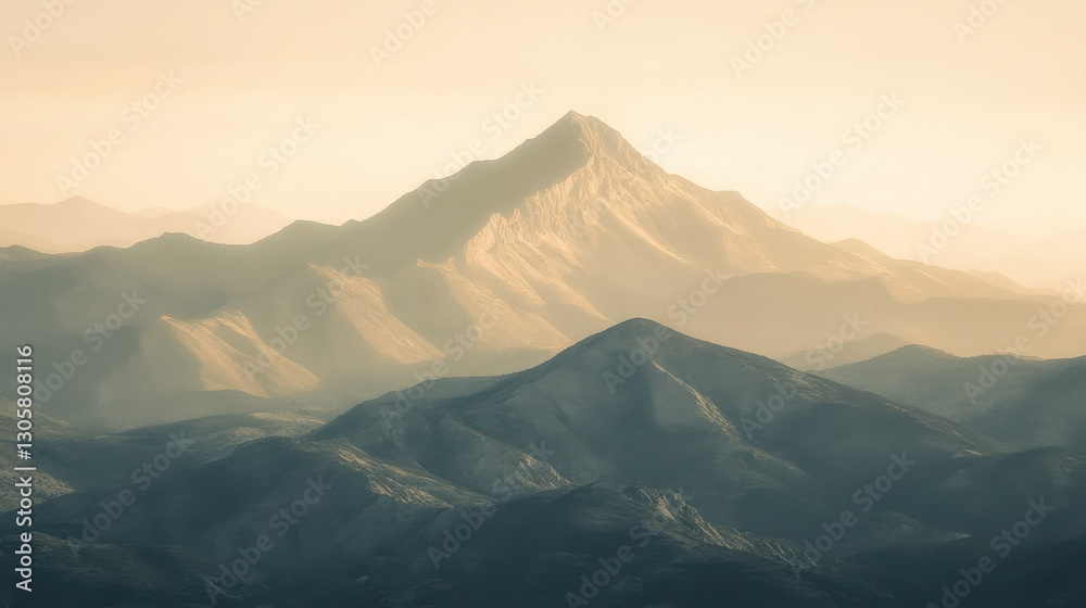 Obraz premium A majestic mountain range at dusk, with the tallest peak bathed in the last golden rays of sunlight, creating a mesmerizing contrast against a monochrome background