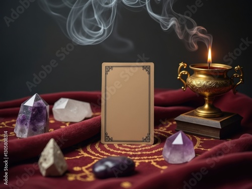 Maqueta mística con una carta de tarot en blanco colocada sobre una tela de terciopelo, rodeada de cristales e incienso quemado
 photo