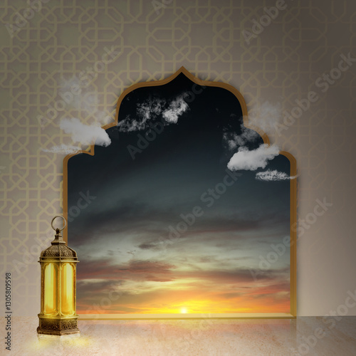 Traditional glowing Arabic lantern with mosque dome arch pattern and sunset scene background. Copy space or mockup. Concept of Eid Al Fitr and Ramadan Mubarak. Ramadan kareem background