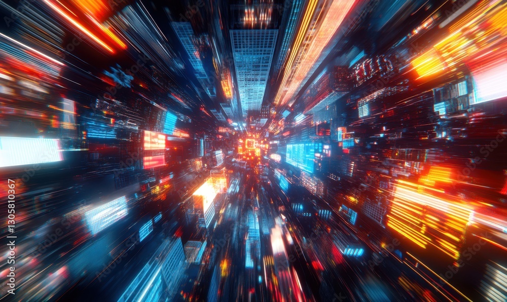 Fast hyperspace jump through futuristic neon cityscape Fast hyperspace jump through futuristic neon cityscape