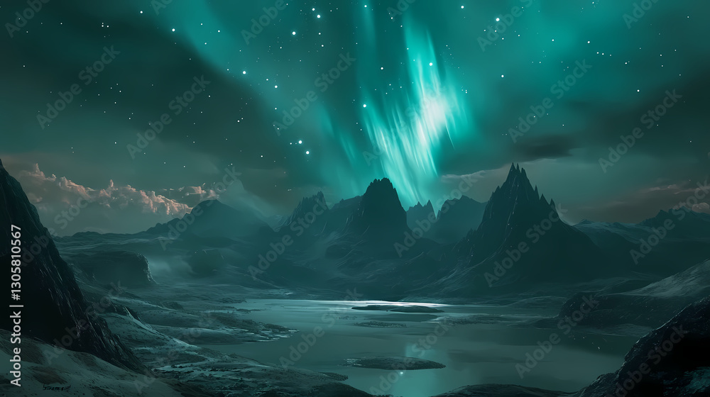 Fototapeta premium Shimmering aurora borealis unfurls above a tranquil landscape, dreamy, atmospheric, peaceful. Tranquil - Lake. Illustration