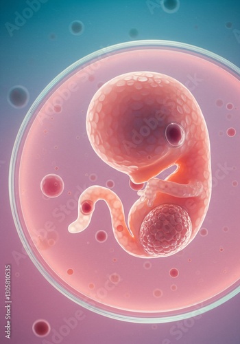 Human embryo at 8 weeks of pregnancy. Medical illustration of fetal development in uterus. Obstetrics, gynecology, and reproductive health concept. Biology education visual. photo