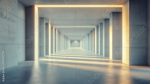 Long Concrete Corridor with Light Rays and Geometric Pillars
