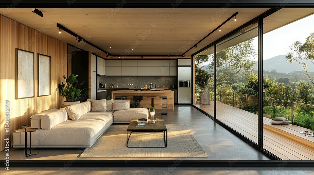 Fototapeta premium Modern Open Plan Living Room Kitchen Design With Mountain View