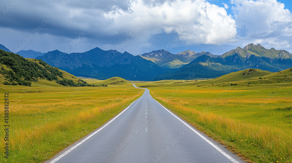 Fototapeta premium Expansive road stretching through green fields and mountains