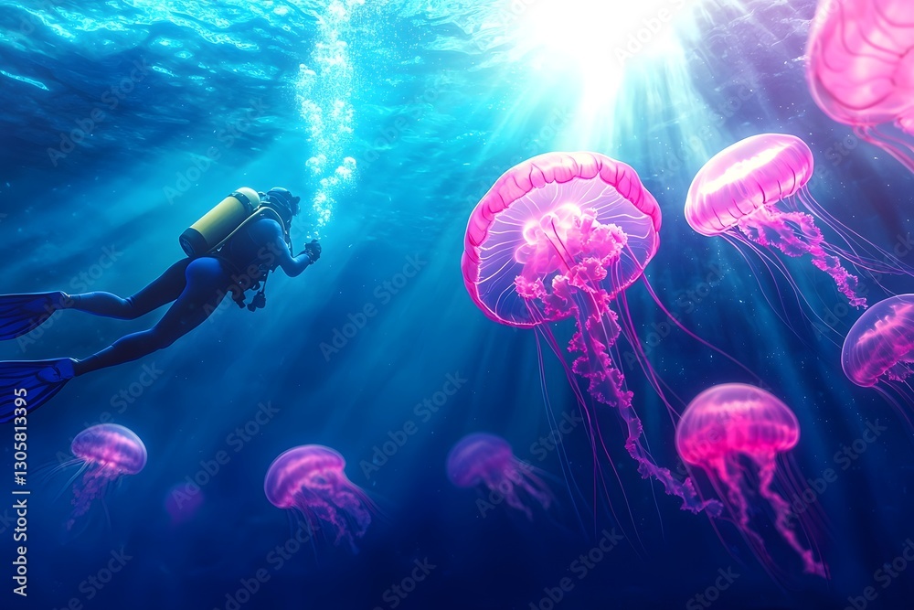 Fototapeta premium Diver Explores Bioluminescent Jellyfish Sanctuary in Deep Ocean Waters