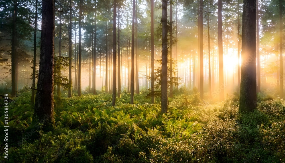 Naklejka premium Sunlight Streaming Through Misty Forest Trees, Serene Woodland with Fog and Sunlight Rays, Tranquil Forest Scene with Golden Sunrise Glow