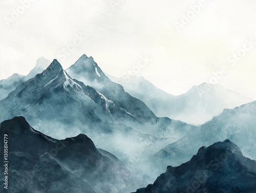 Serene Watercolor Mountain Landscape: Soft Hues and Gentle Slopes, Perfect for Peaceful Designs art 