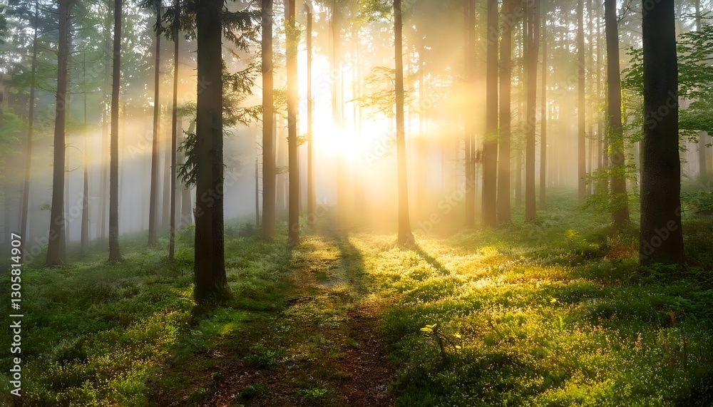 Naklejka premium Sunlight Streaming Through Misty Forest Trees, Serene Woodland with Fog and Sunlight Rays, Tranquil Forest Scene with Golden Sunrise Glow