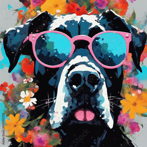 Bright illustration of a black dog in glasses and flowers