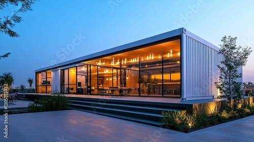 Modern Shipping Container Home Evening Illumination