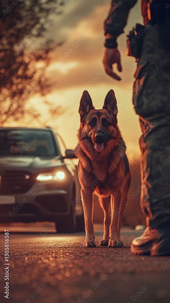 Obraz premium German shepherd dog accompanying police officer standing vigilant near patrol car, sunset sky casting dramatic shadows