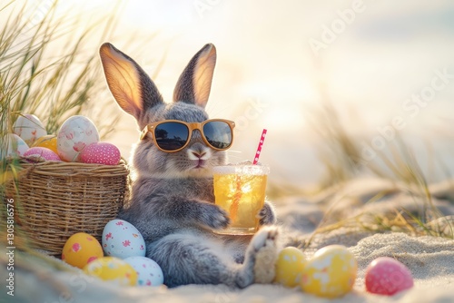 Cool Easter bunny with sunglasses on vacation on the beach with a cocktail.