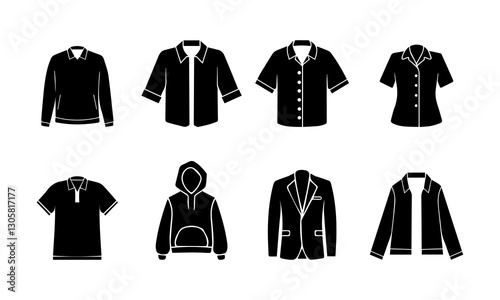 Black Silhouettes of Various Shirts, Jackets, and Hoodies