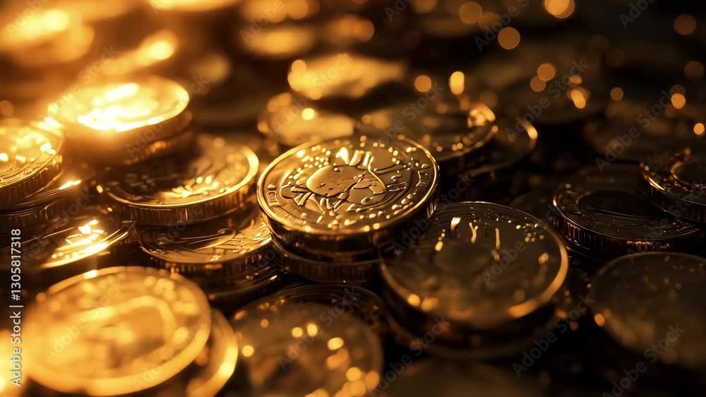 Wealth of Coins and Currency in Golden Glow Wealth of Coins and Currency in Golden Glow