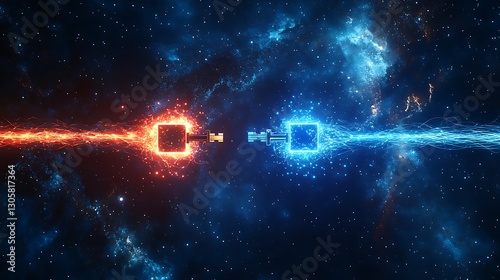 Two distant quantum node exchanging secure glowing keys via entangled light channels cosmic background symbolizing QKD's secure link