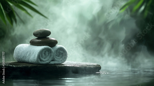 Two white  rolled up towels are placed on the stone among water, steam is rising from the water surface