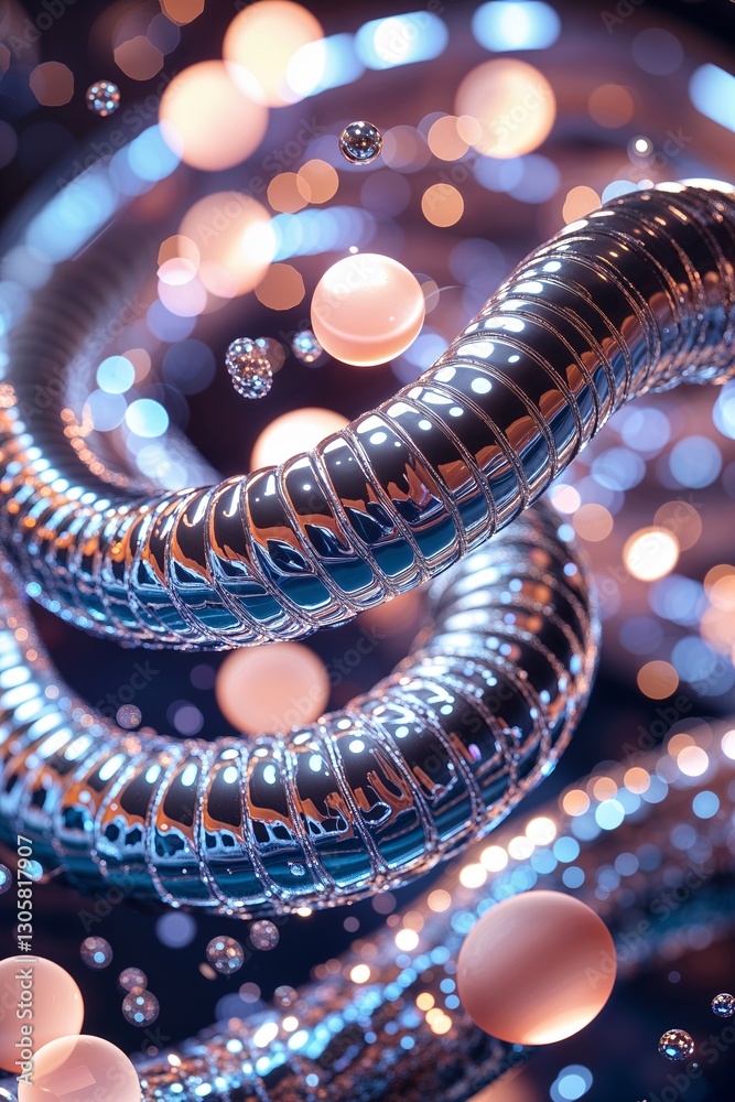 Fototapeta premium Swirling metallic tubes intertwine with glowing bubbles in a dreamlike digital rendering
