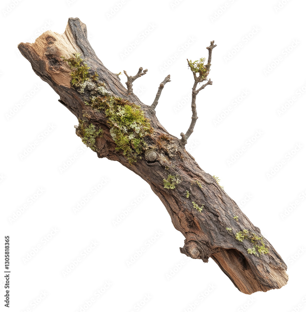 Old tree branch with moss and lichen, isolated on white. Nature and texture concept Old tree branch with moss and lichen, isolated on white. Nature and texture concept