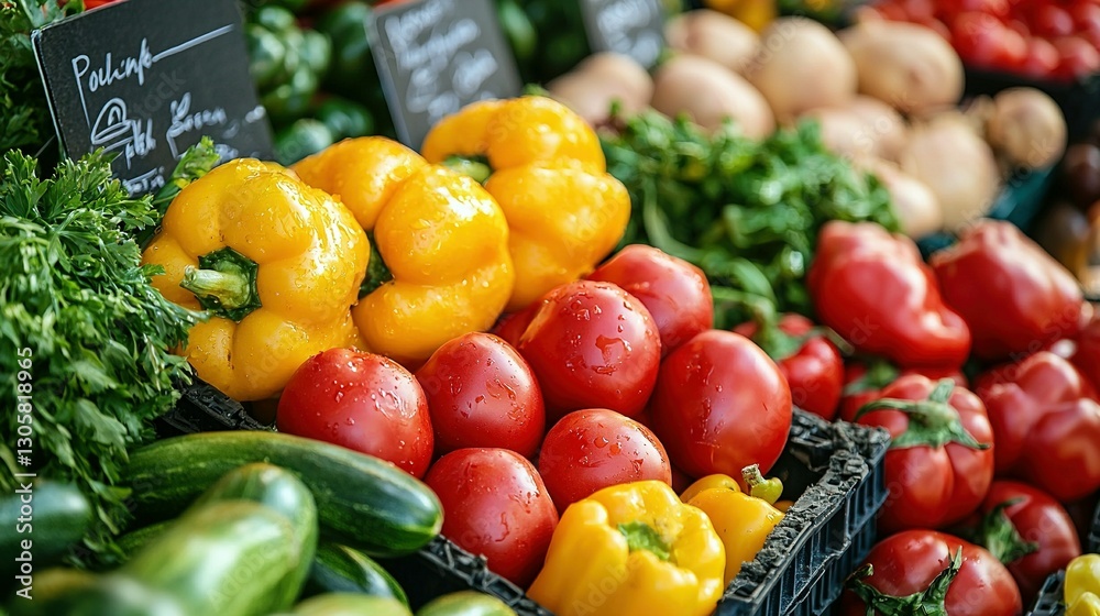 Fresh vibrant vegetables and tomatoes displayed at a market stall Fresh vibrant vegetables and tomatoes displayed at a market stall