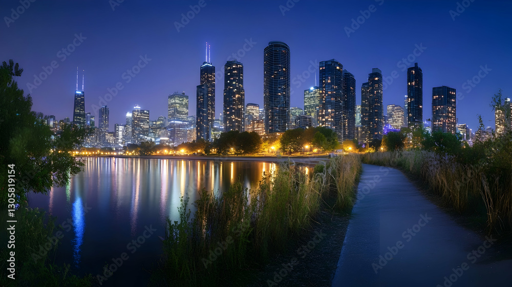 Naklejka premium Metropolitan skyline panorama with nocturnal illumination patterns