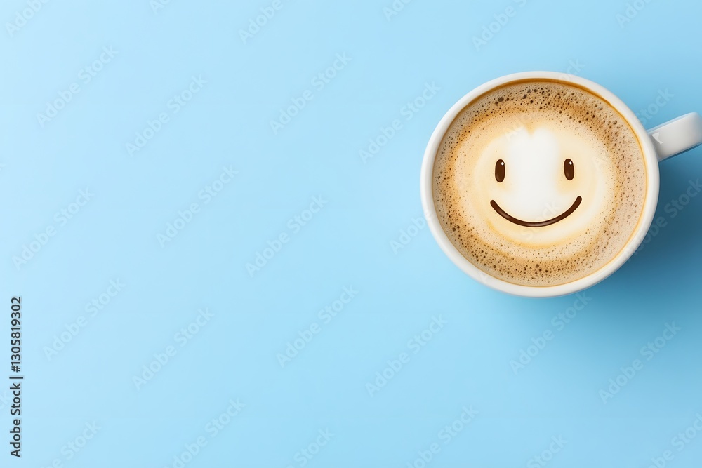 Cheerful Foam Smiley on Warm Mug of Coffee on Blue Tabletop Cheerful Foam Smiley on Warm Mug of Coffee on Blue Tabletop