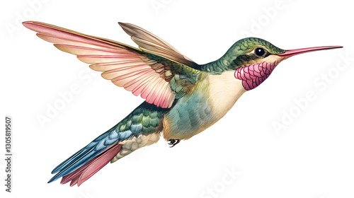 A hummingbird is flying in the air with its wings spread wide