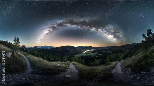 Milky Way arching over wooded valley in long-exposure 360 VR panorama, equirectangular projection