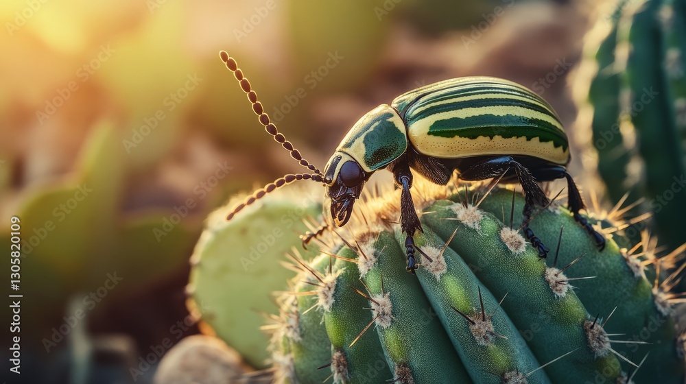 Striped beetle crawling on cactus, bright sunlight, vibrant green and black tones, and rugged desert atmosphere, macro shot. Striped beetle crawling on cactus, bright sunlight, vibrant green and black tones, and rugged desert atmosphere, macro shot.