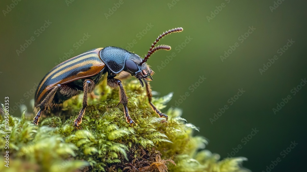 Tiny beetle exploring moss patch, soft natural light, deep green and brown hues, and calm forest atmosphere, close-up shot. Tiny beetle exploring moss patch, soft natural light, deep green and brown hues, and calm forest atmosphere, close-up shot.