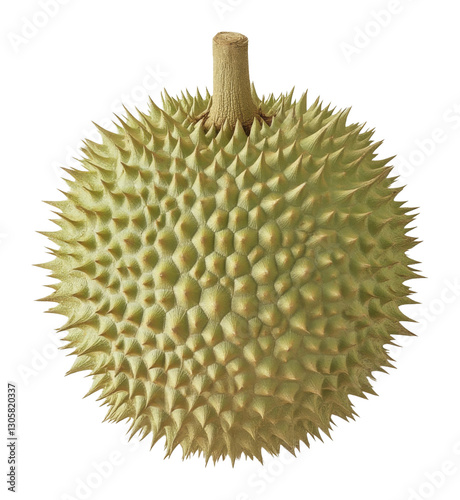 Close-up of a fresh durian with sharp spikes against white background. Exotic fruit concept