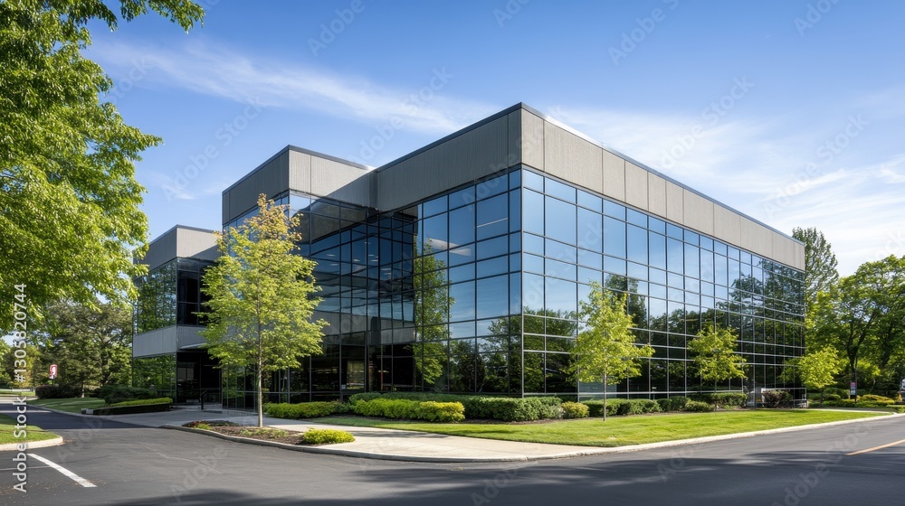 Modern Office Building with Glass Facade Surrounded by Green Trees and Clear Blue Sky Modern Office Building with Glass Facade Surrounded by Green Trees and Clear Blue Sky