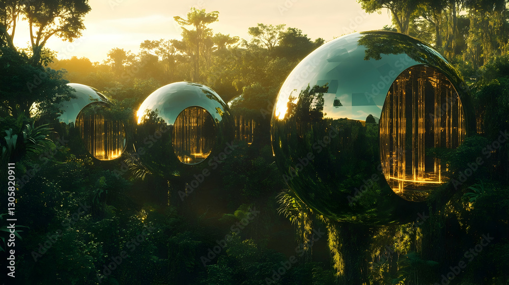 Mirror-like futuristic structures reflecting jungle greenery under golden hour light Mirror-like futuristic structures reflecting jungle greenery under golden hour light