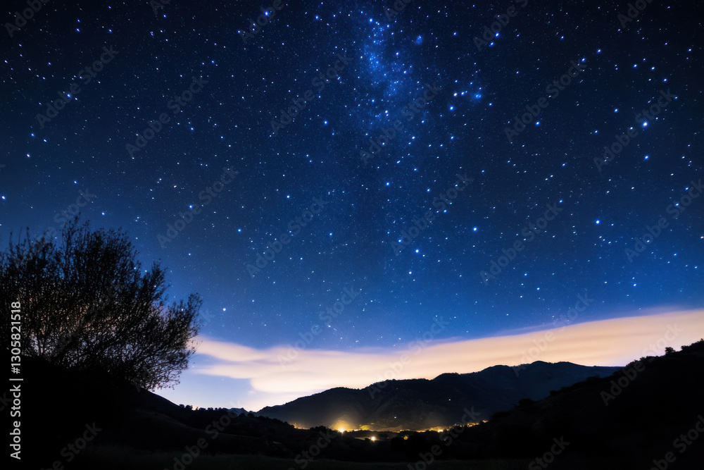 Naklejka premium Milky way shining over mountains and trees at twilight