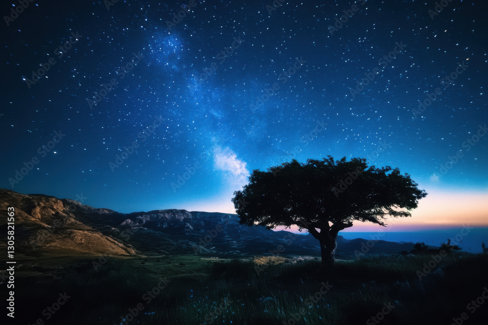 Fototapeta premium Lonely tree admiring milky way galaxy in starry night sky