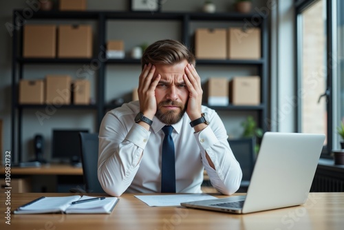 Concentrated Male Office Worker in His 30s Sitting at a Desk with Papers and a Laptop, Displaying Signs of Stress and Overwhelm in a Modern Workspace Setting