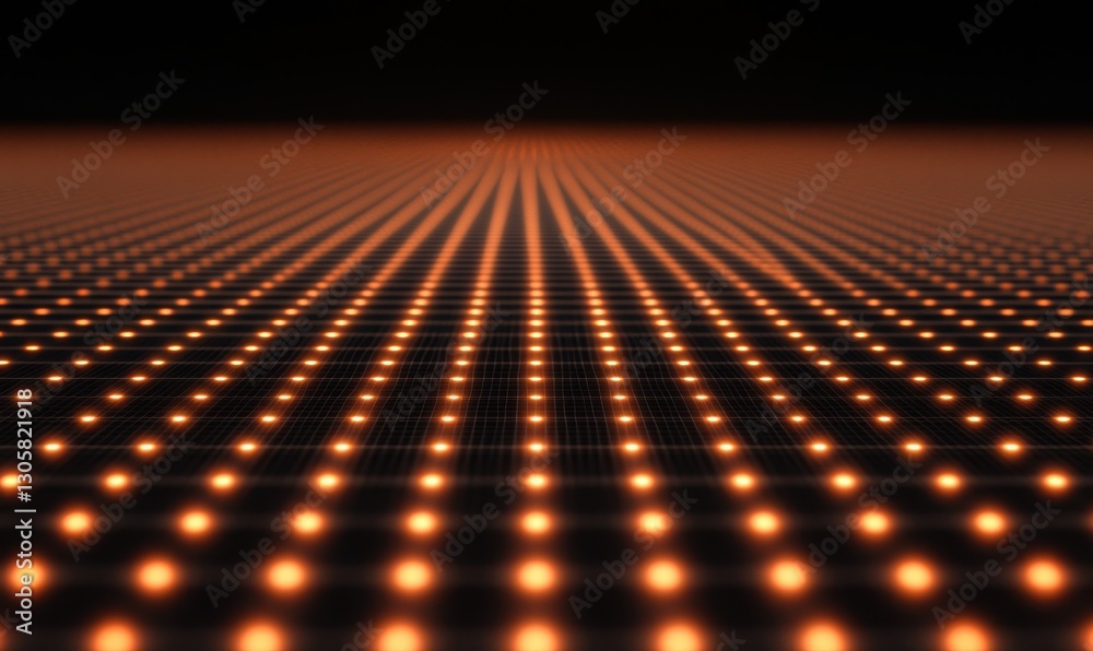 Fototapeta premium Orange grid of lights receding into dark horizon, ideal for tech backgrounds