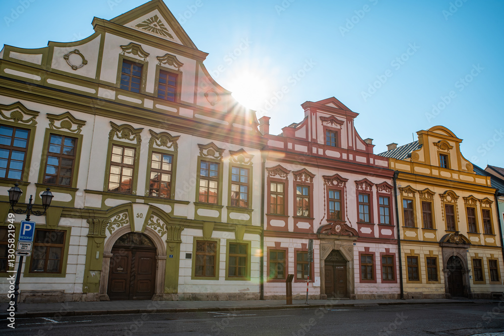Obraz premium Hradec Kralove, Czech republic - February 20, 2025. Historic picturesque buildings in Soukenicka and Karla Tomana streets