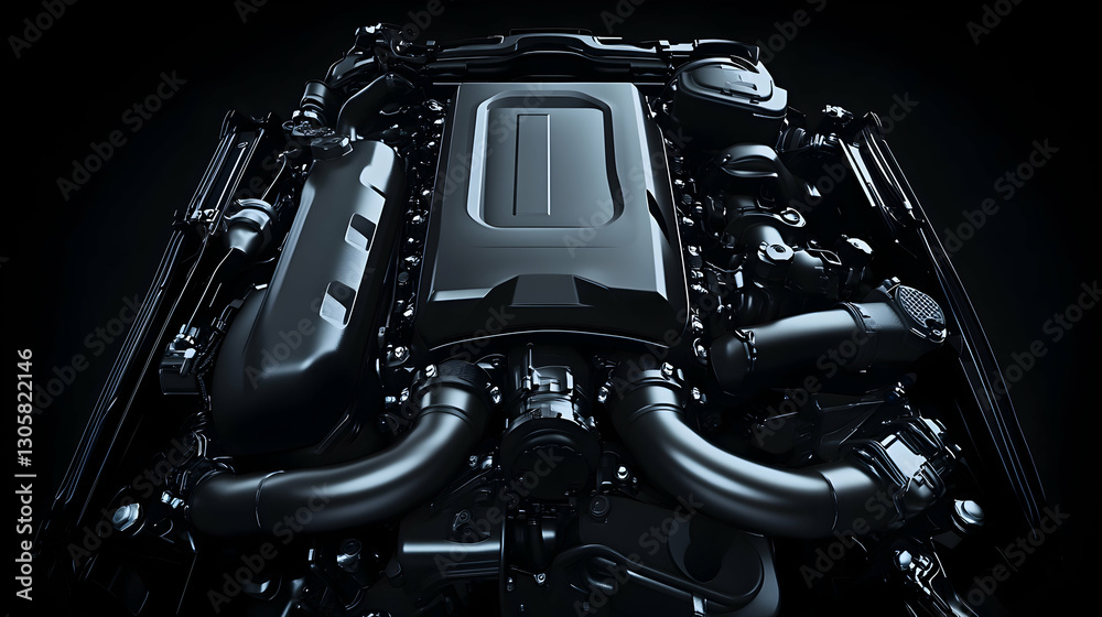 Fototapeta premium Monochrome car engine banner on dark background, high detail stock photo in hyper-realistic