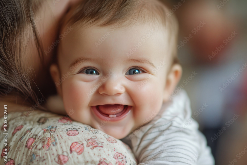 Adorable baby smiling and showing first teeth while embracing mother Adorable baby smiling and showing first teeth while embracing mother