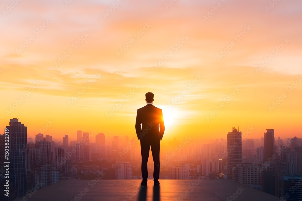 Fototapeta premium Lone business professional against modern city skyline at dramatic sunrise